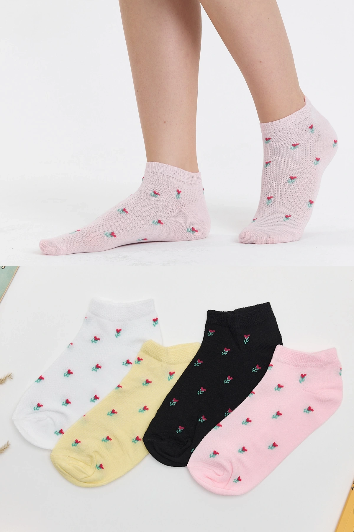 4lü Lale Desenli Patik Çorap Seti
