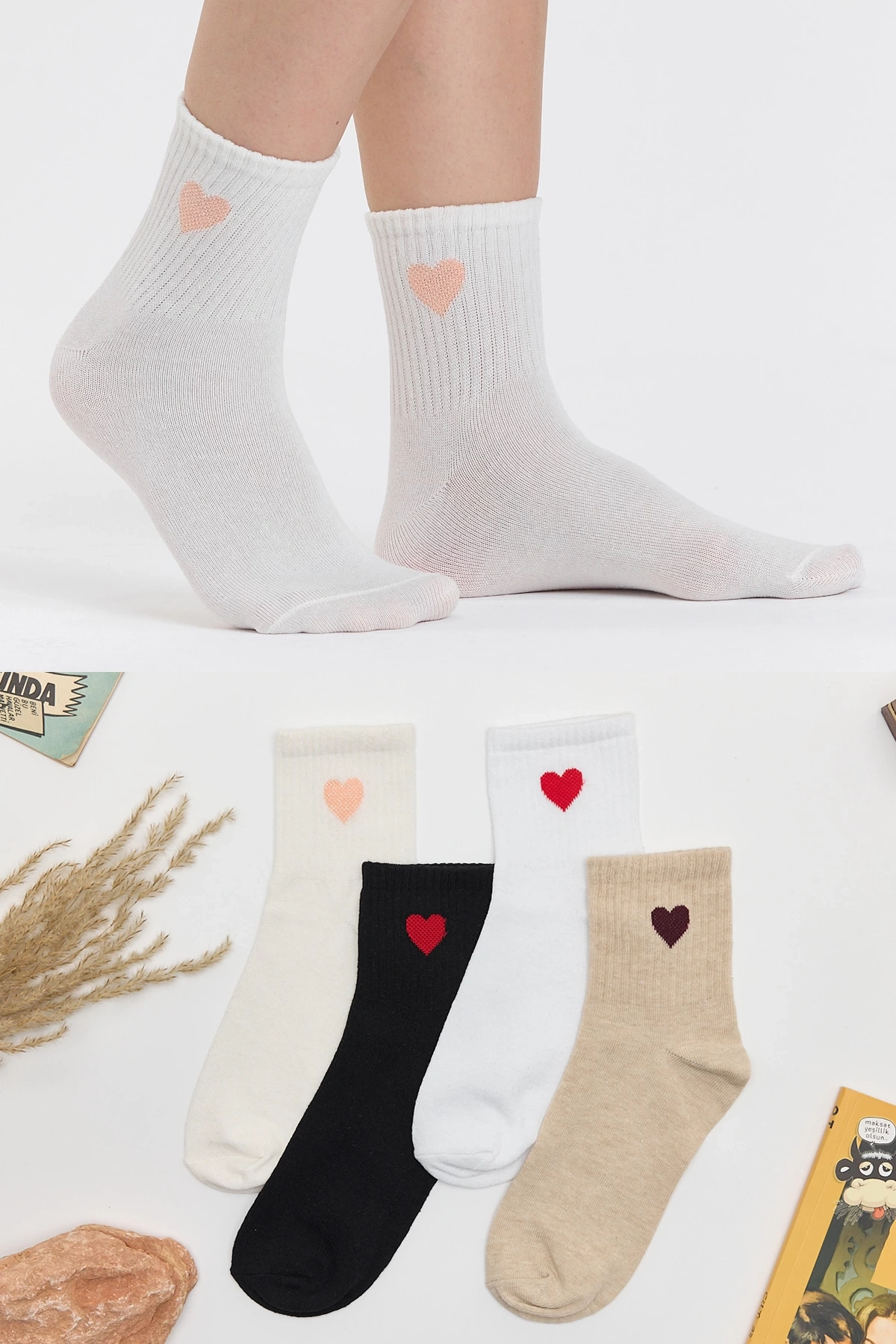 4lü Kalp Desenli Çorap