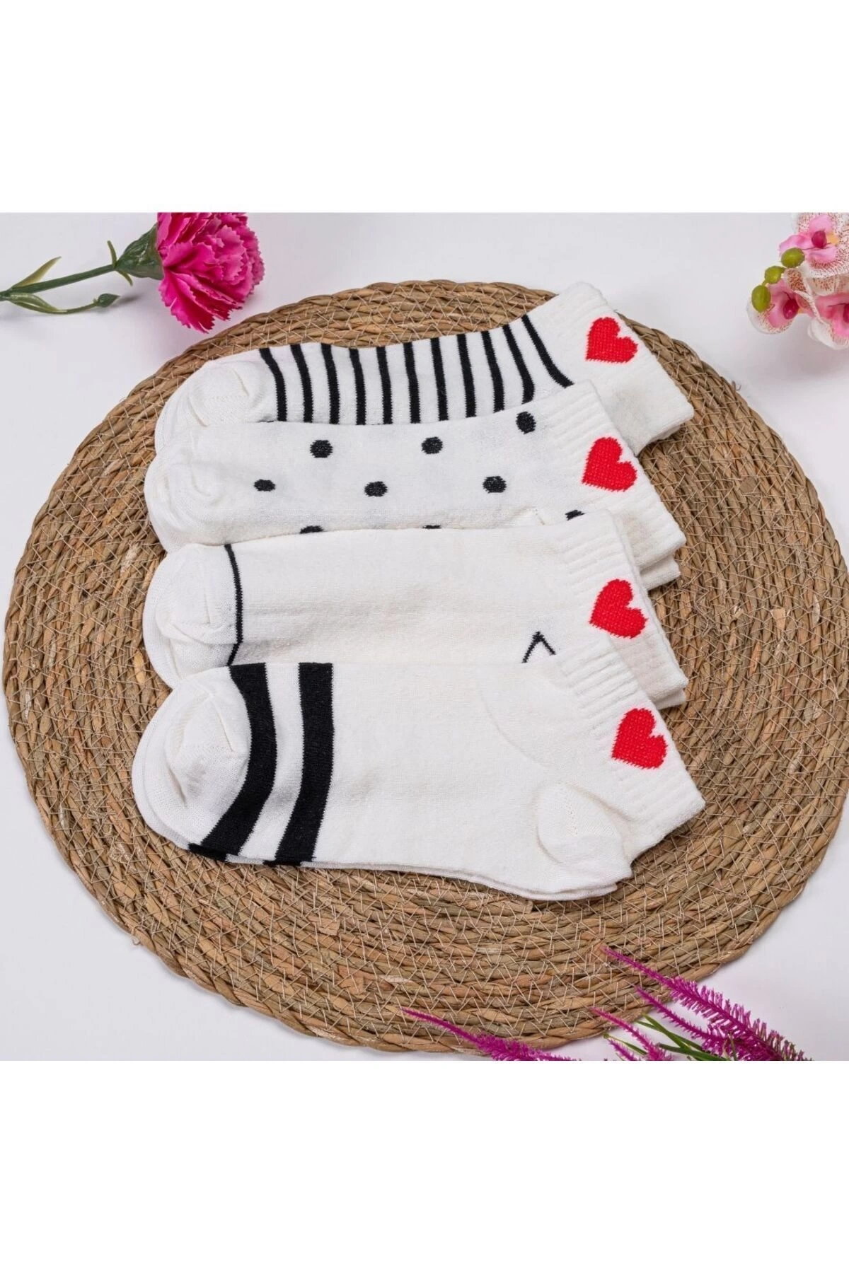 4lü Kalp Desenli Kısa Çorap