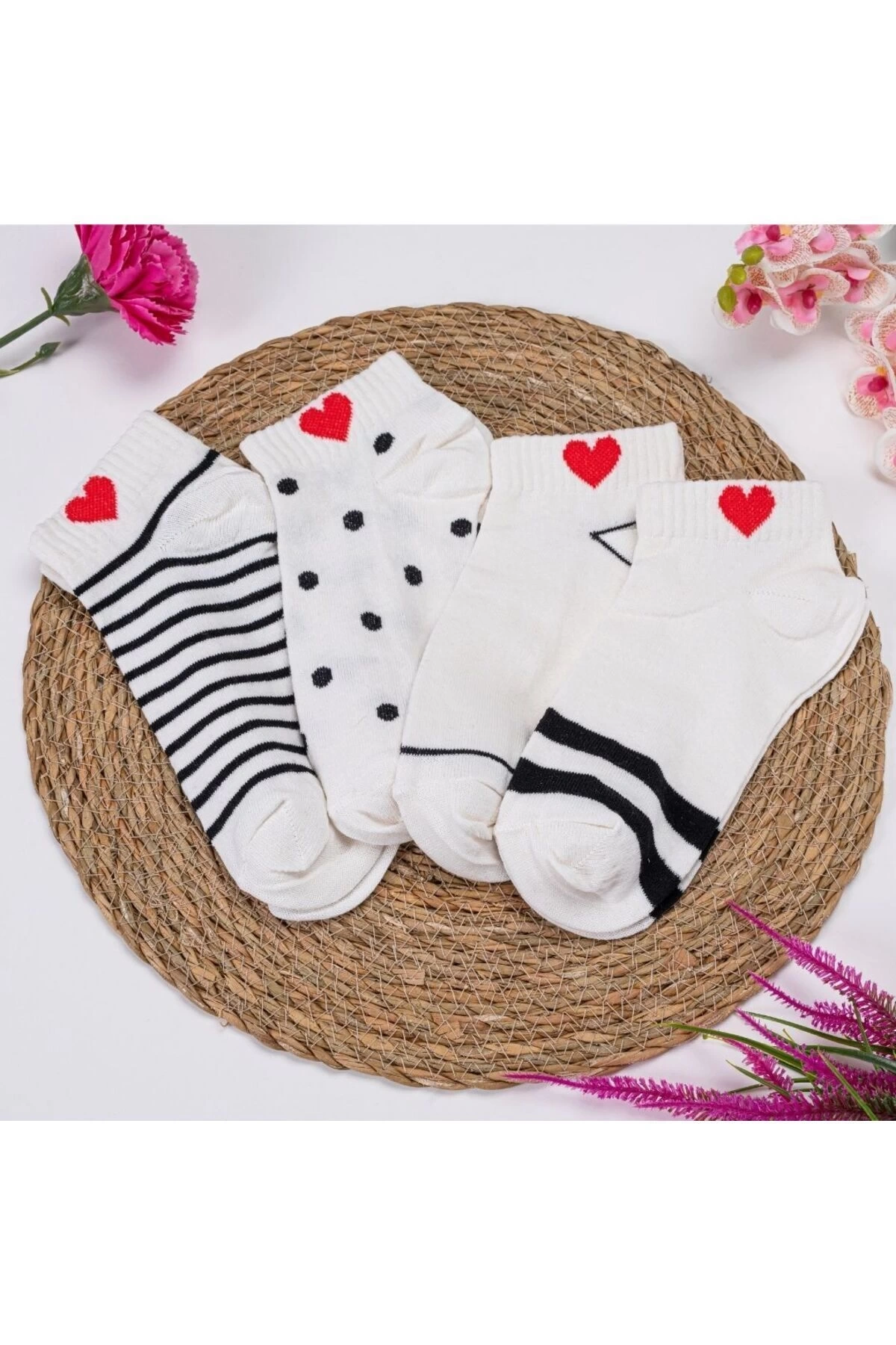 4lü Kalp Desenli Kısa Çorap