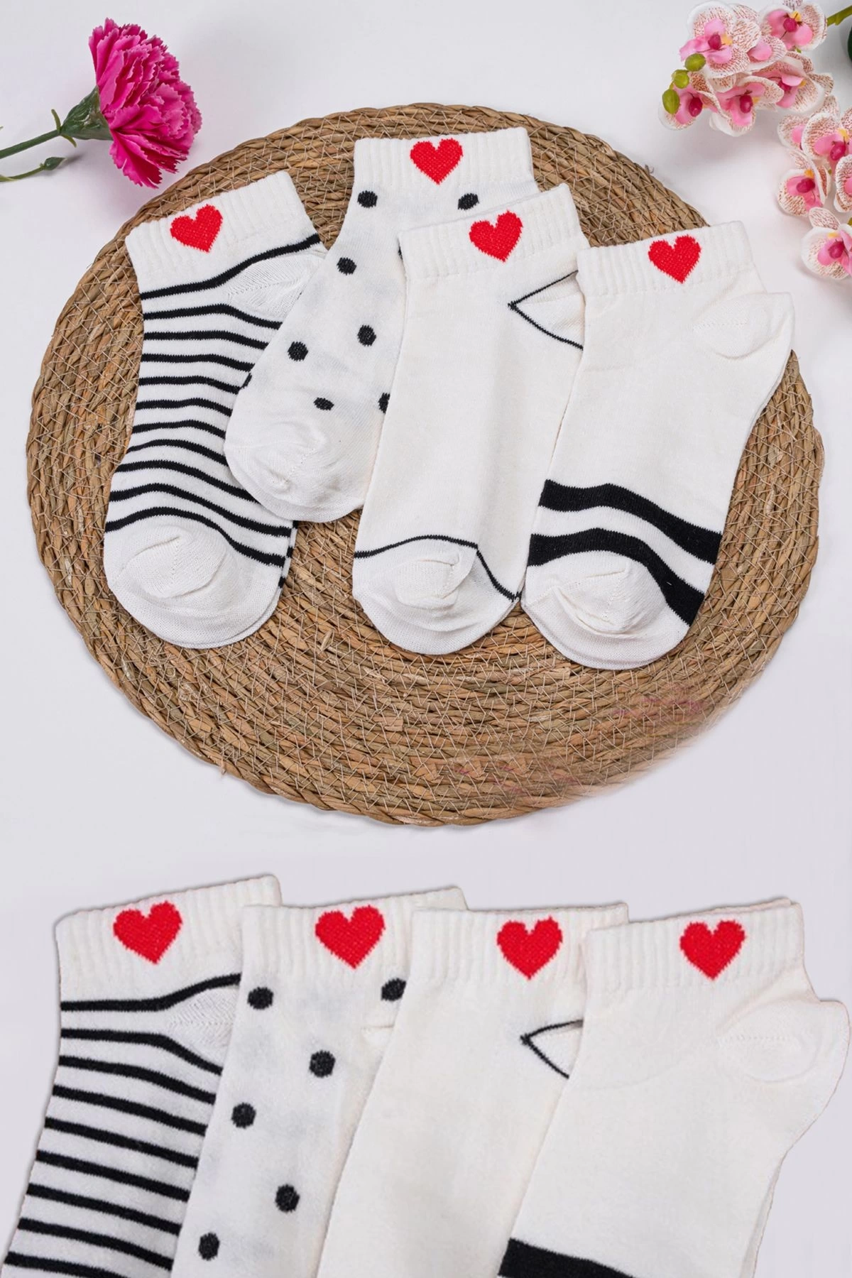 4lü Kalp Desenli Kısa Çorap