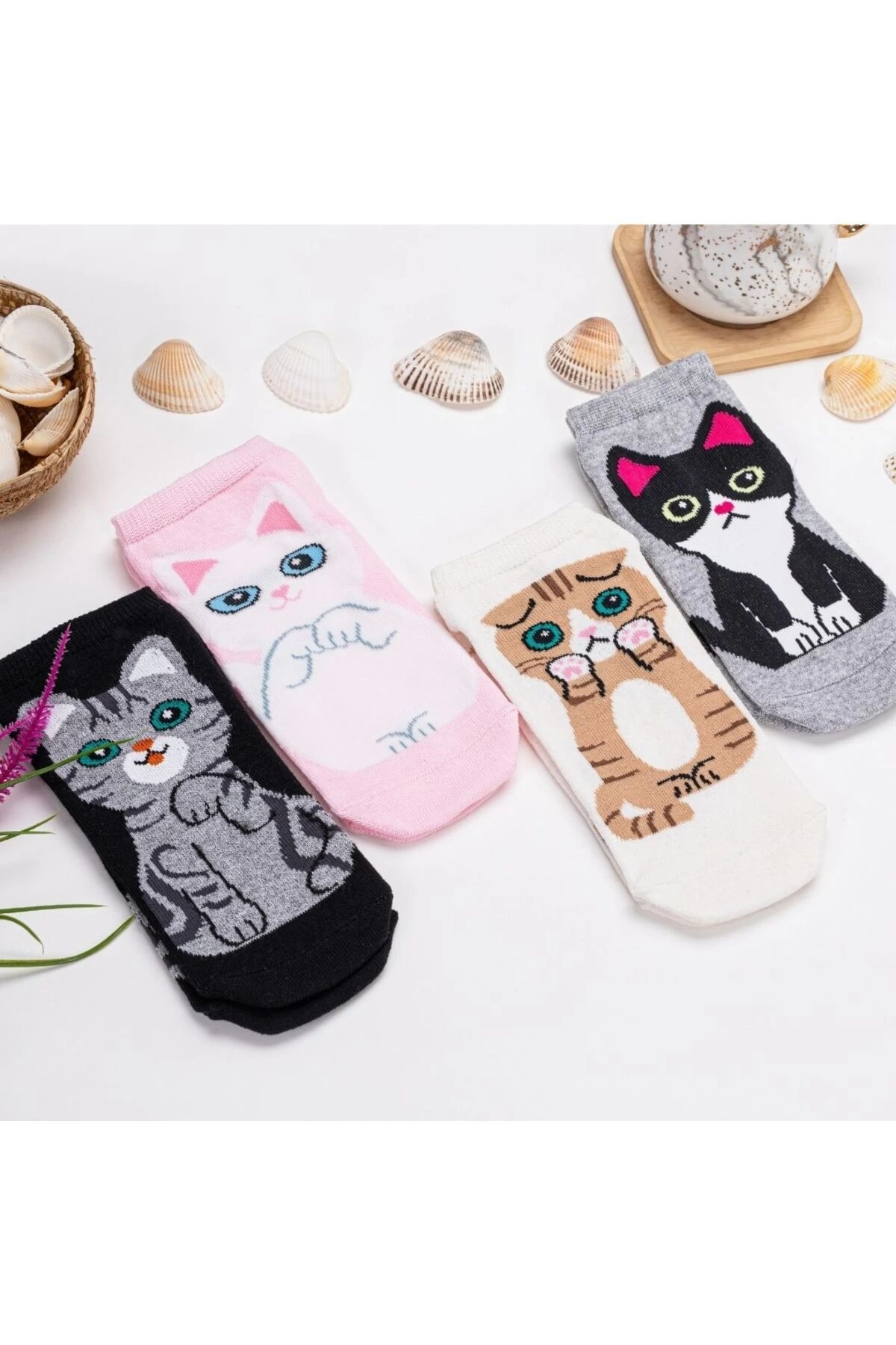 4lü Kedi Desenli Kısa Çorap