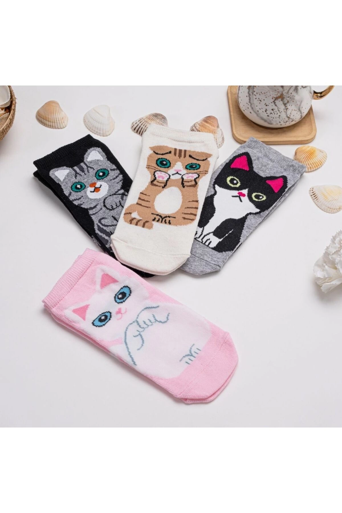 4lü Kedi Desenli Kısa Çorap