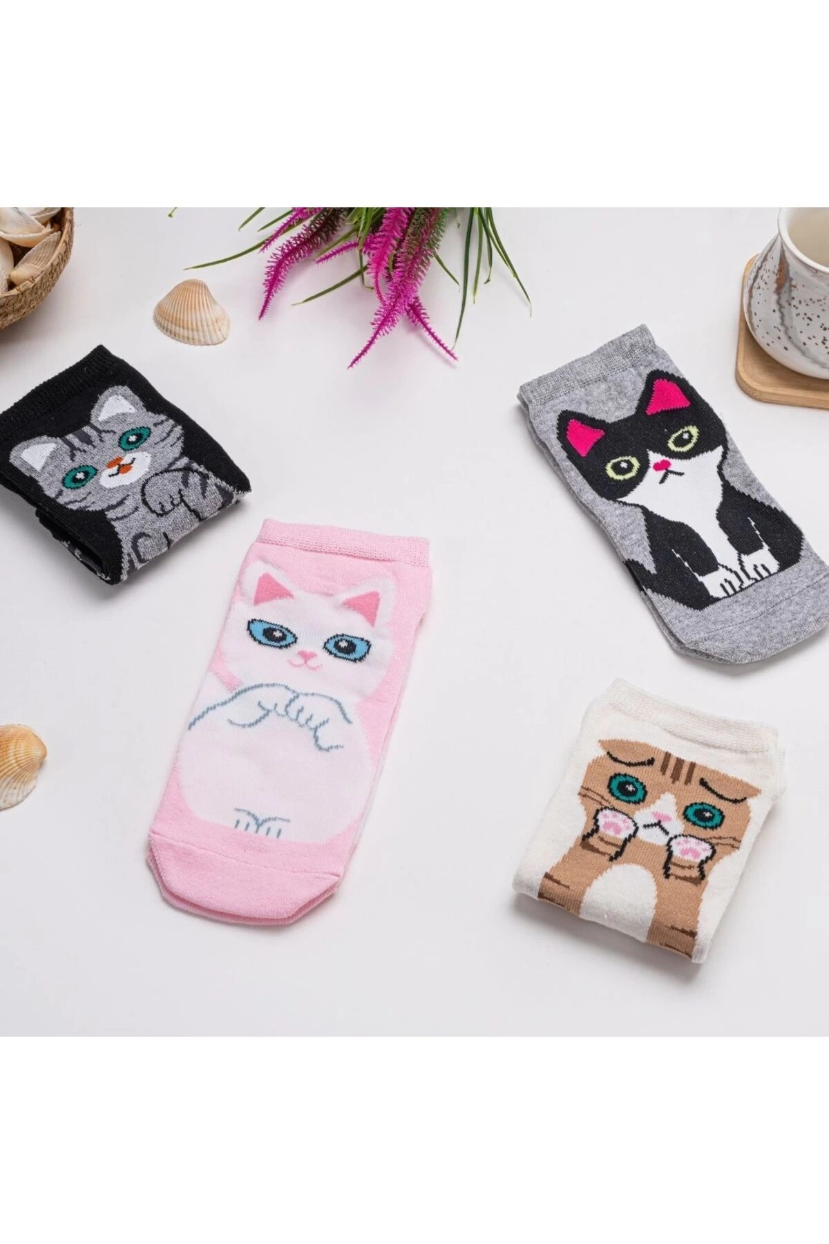 4lü Kedi Desenli Kısa Çorap