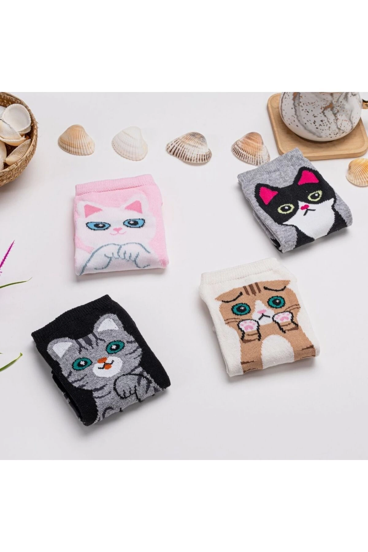 4lü Kedi Desenli Kısa Çorap