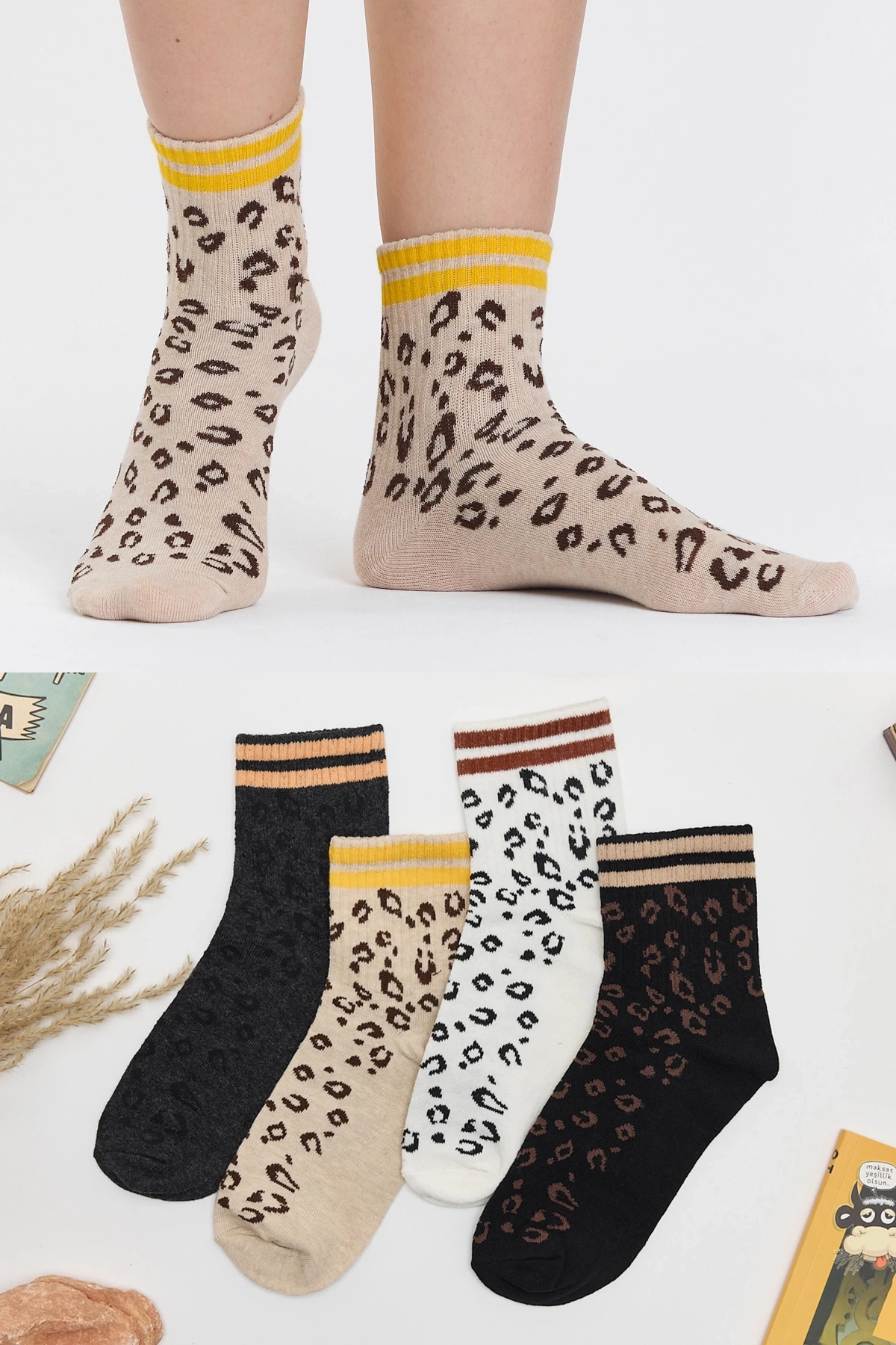 4Lü Leopar Desenli Kolej Çorap Seti