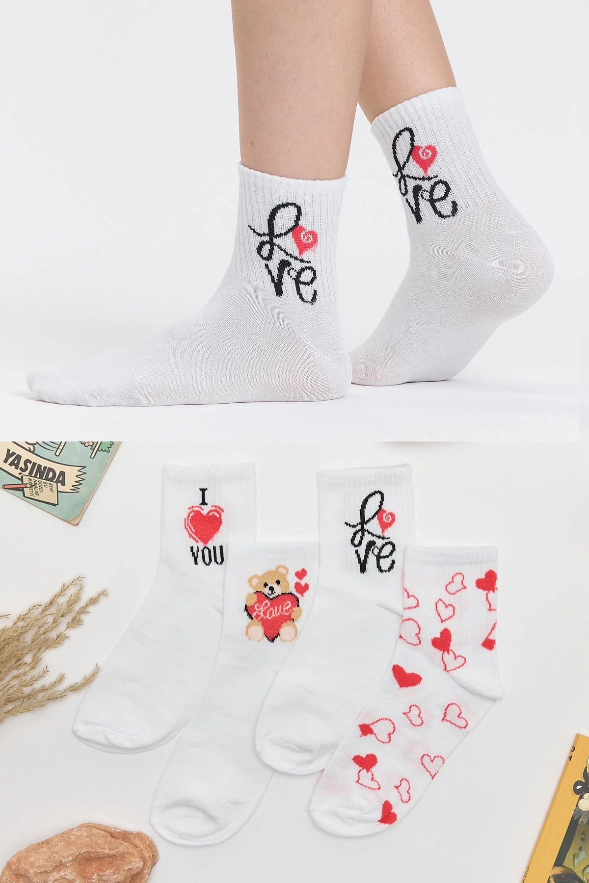 4lü Love Desenli Çorap