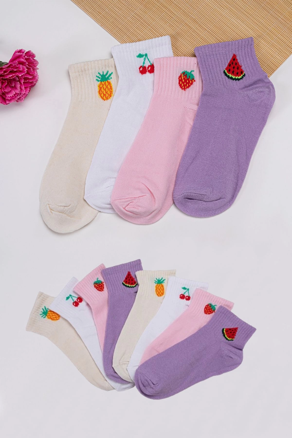 4lü Meyve Desenli Kısa Çorap