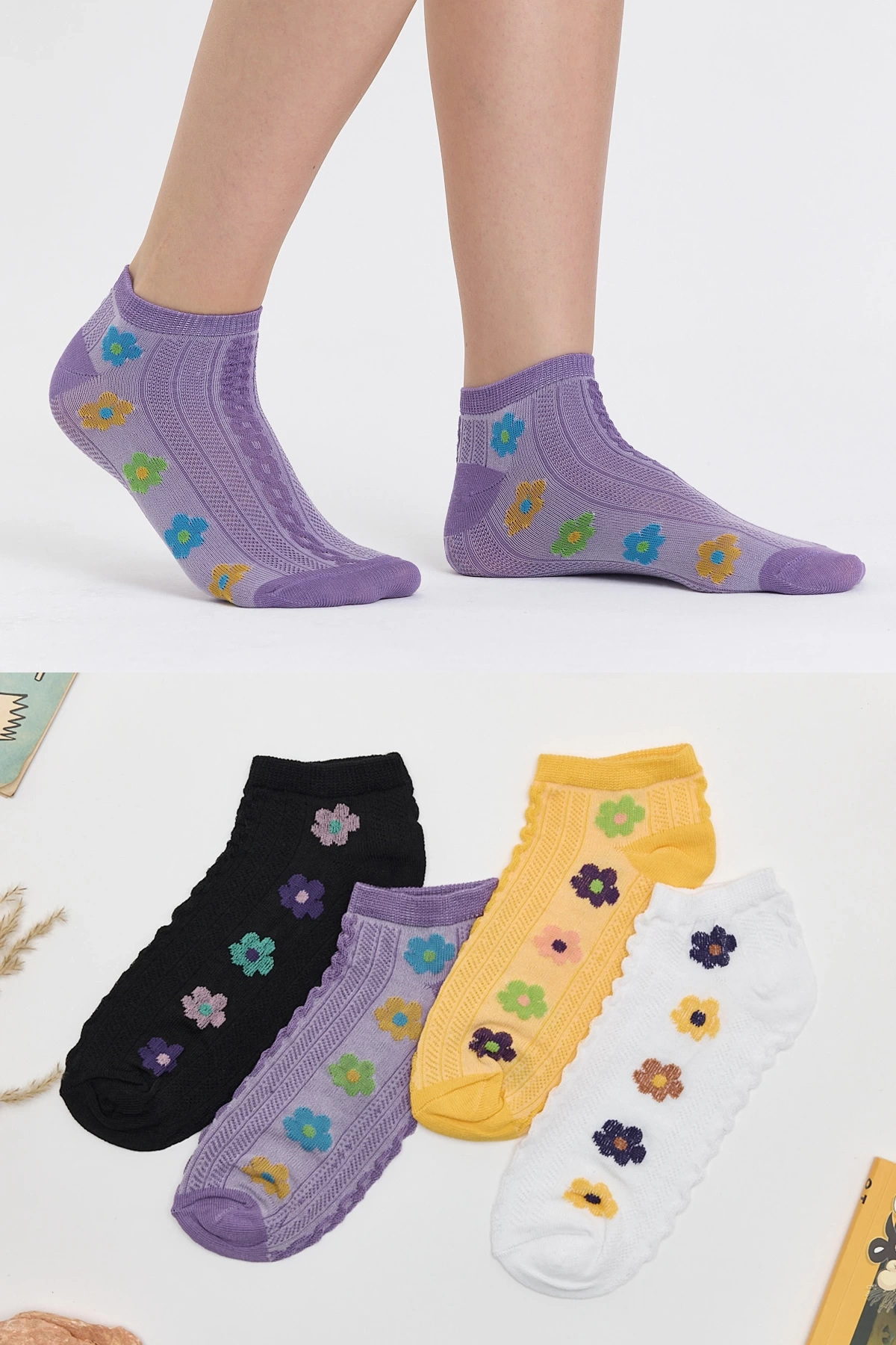 4lü Papatya Desenli Dokumalı Patik Çorap
