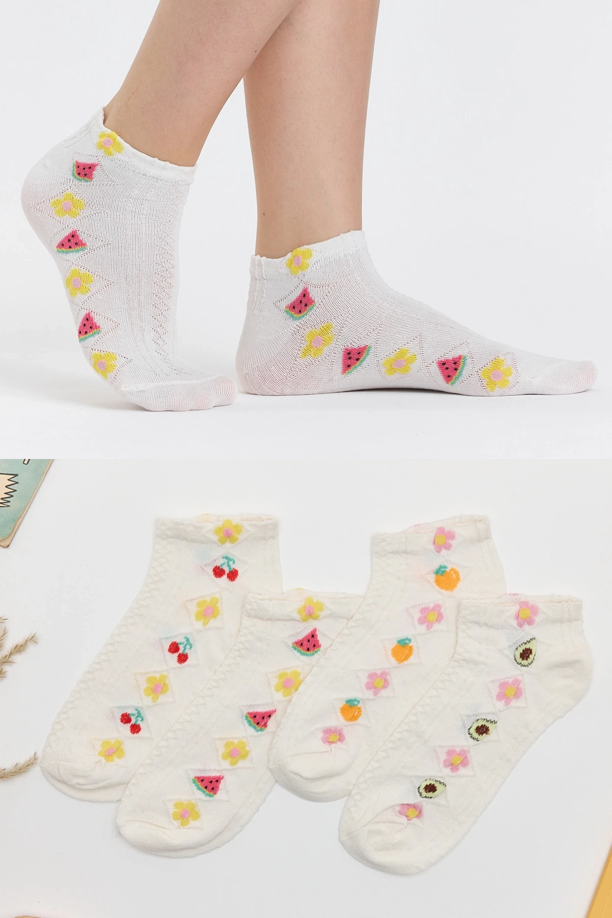 4lü Tropikal Meyve Desenli Patik Çorap