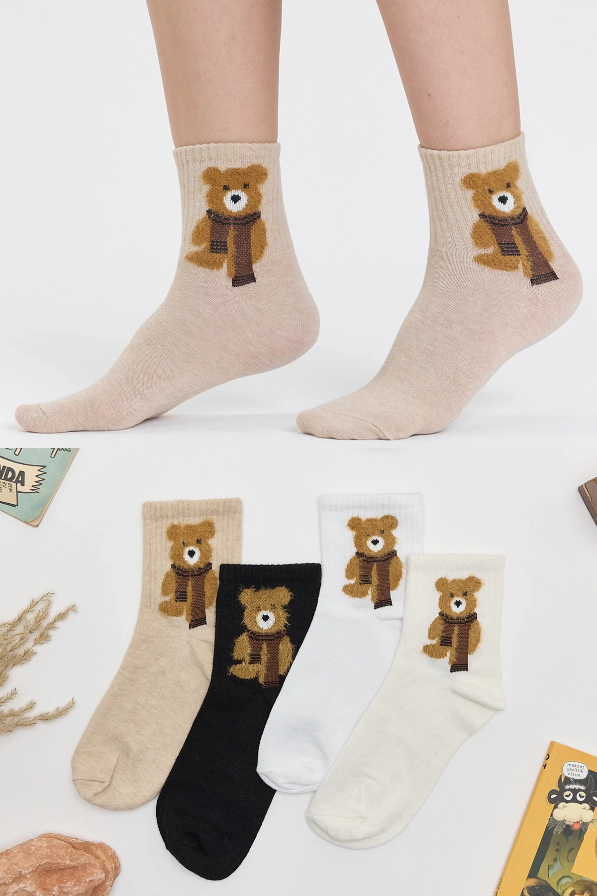 4lü Tüylü Teddy Bear Desenli Çorap