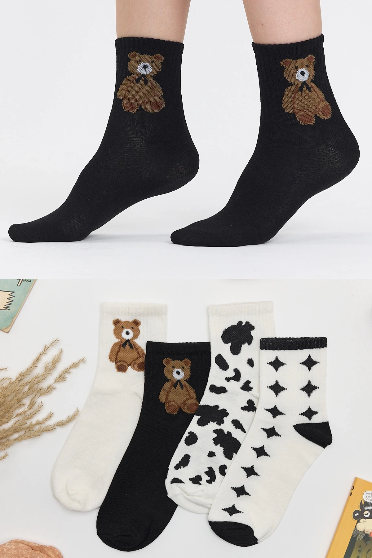 4lü Yıldızlı Ayı Desenli Çorap Seti