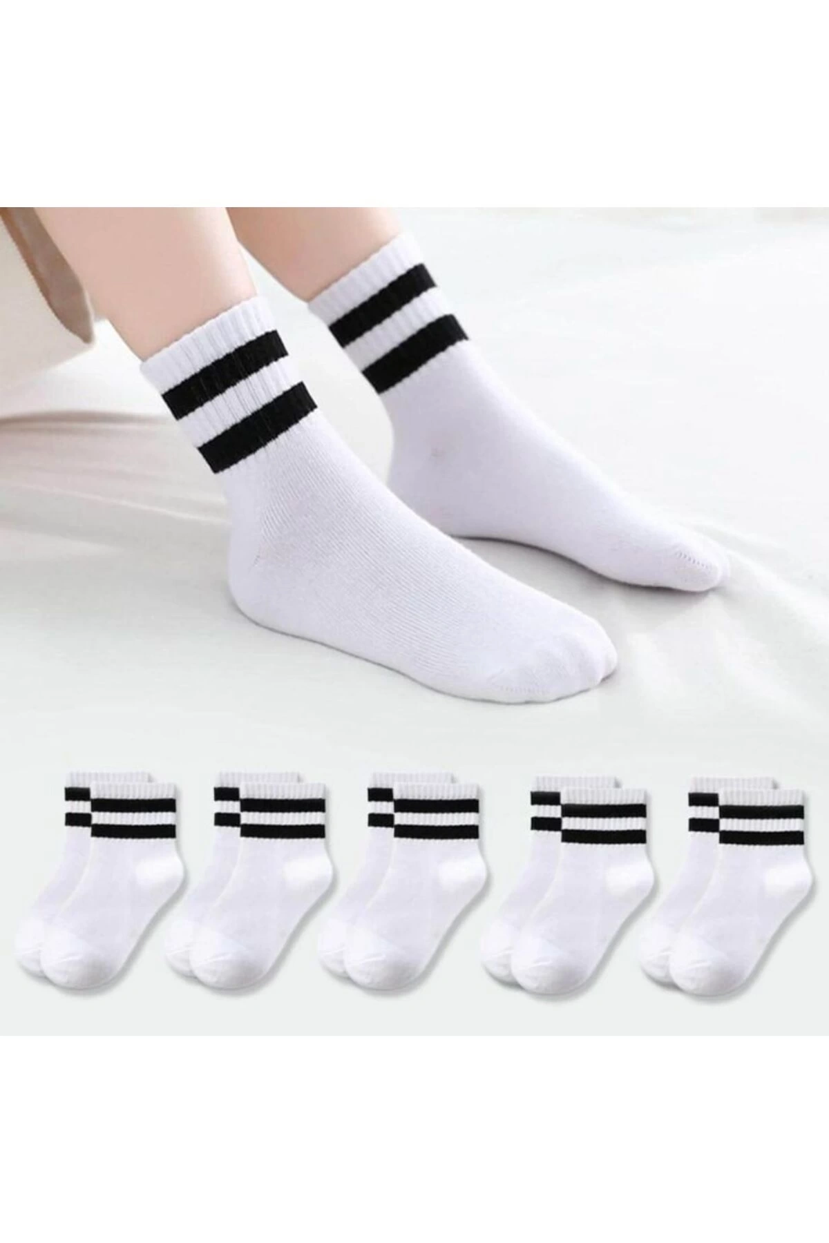 5li Çember Desenli Beyaz Çorap