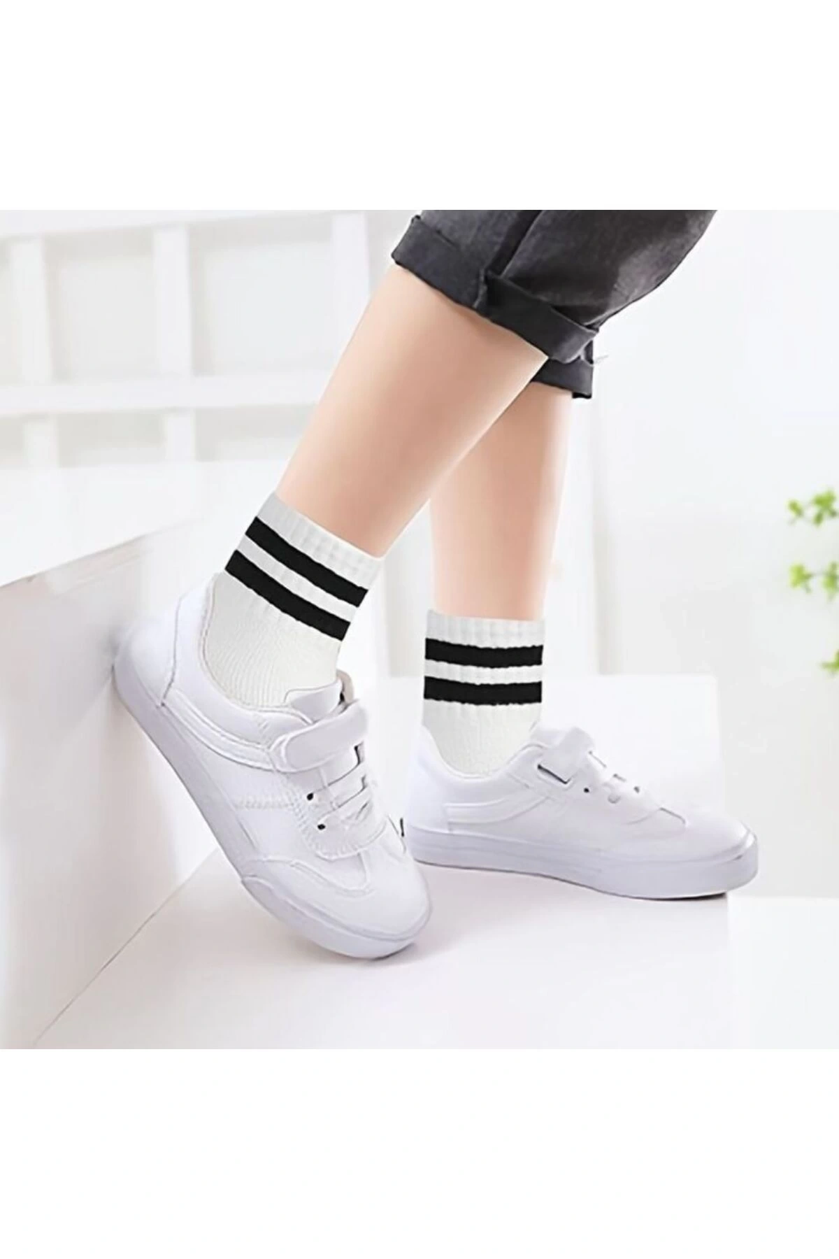 5li Çember Desenli Beyaz Çorap