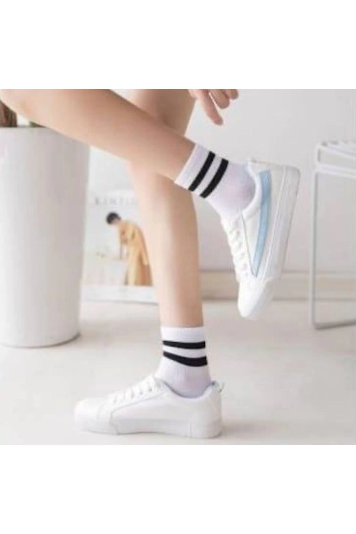 5li Çember Desenli Beyaz Çorap