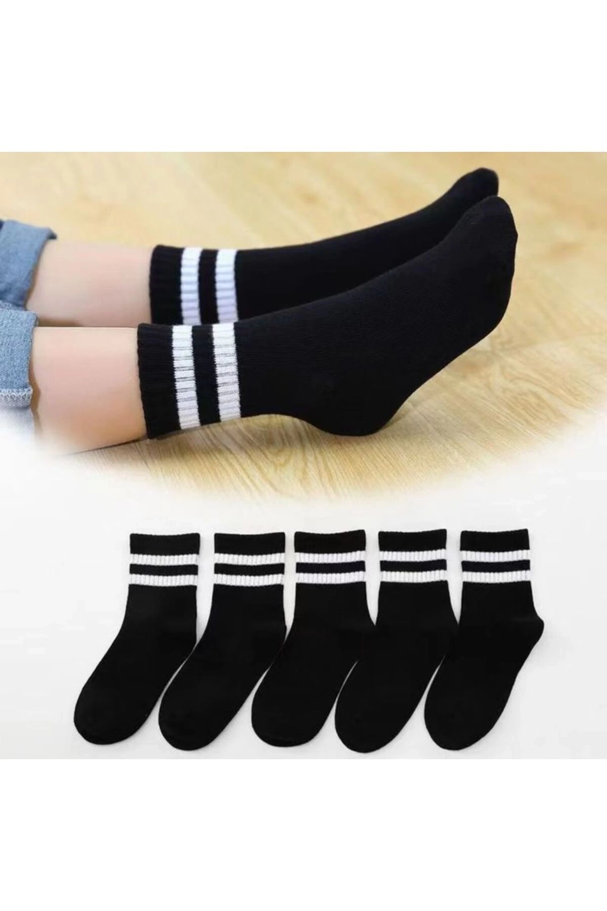 5li Çember Desenli Siyah Çorap