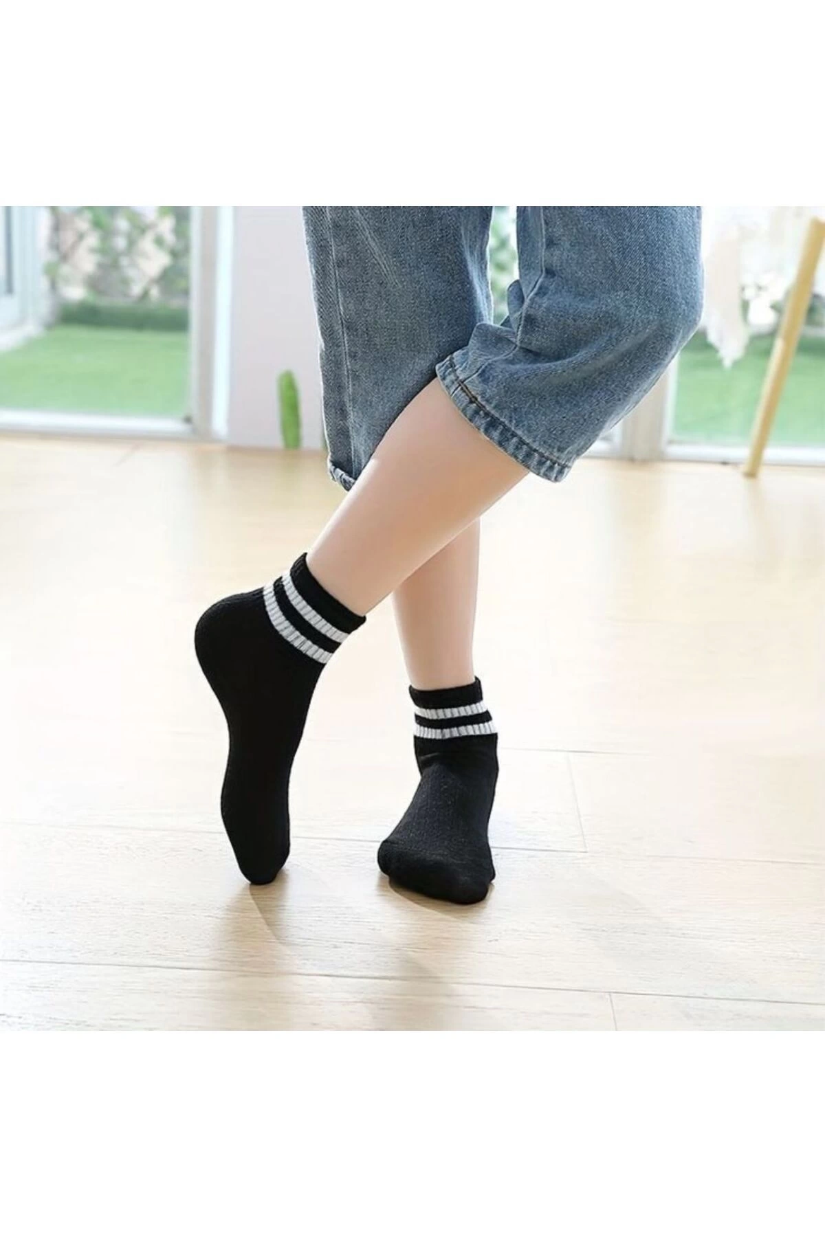 5li Çember Desenli Siyah Çorap