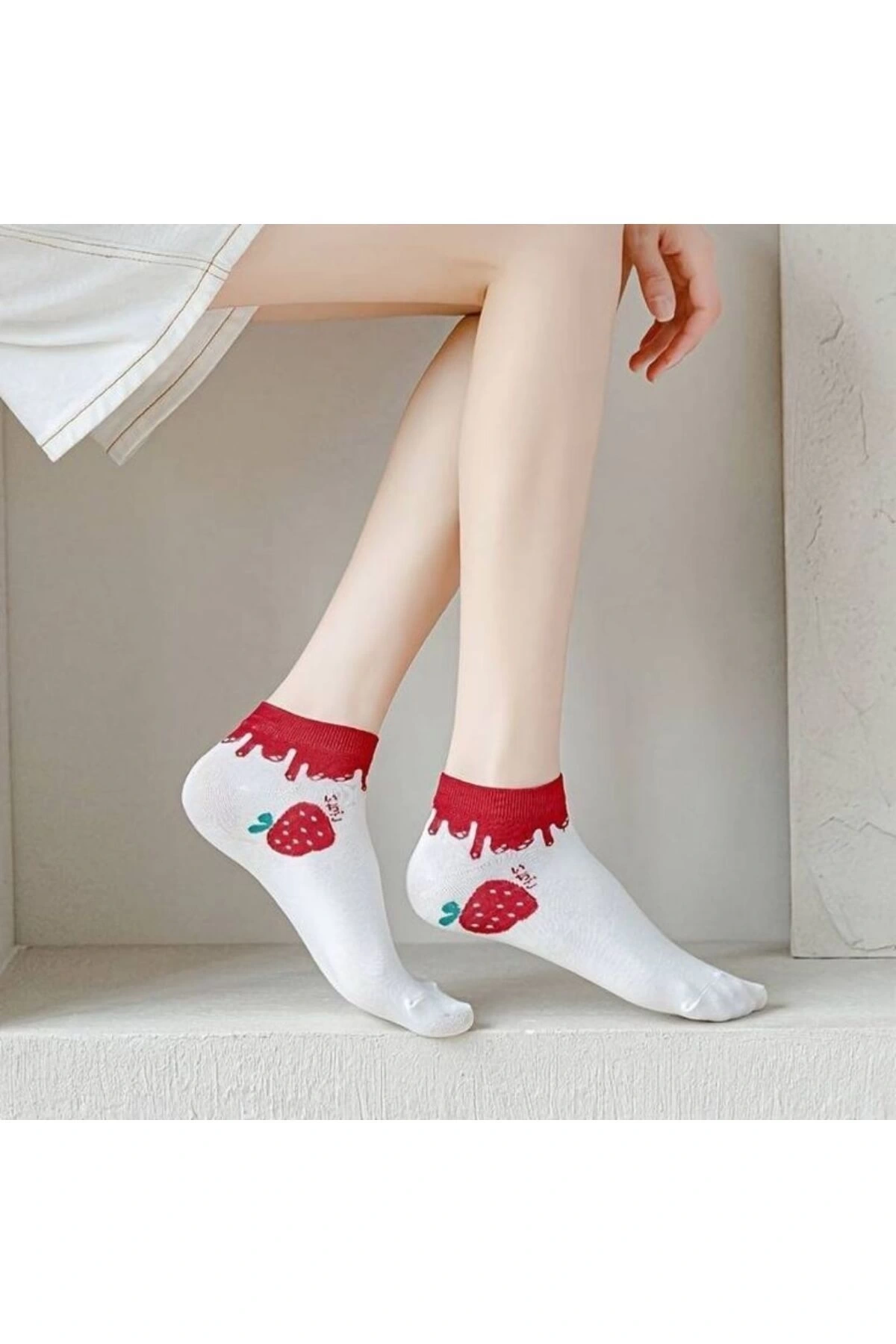 5li Çilek Desenli Kısa Çorap