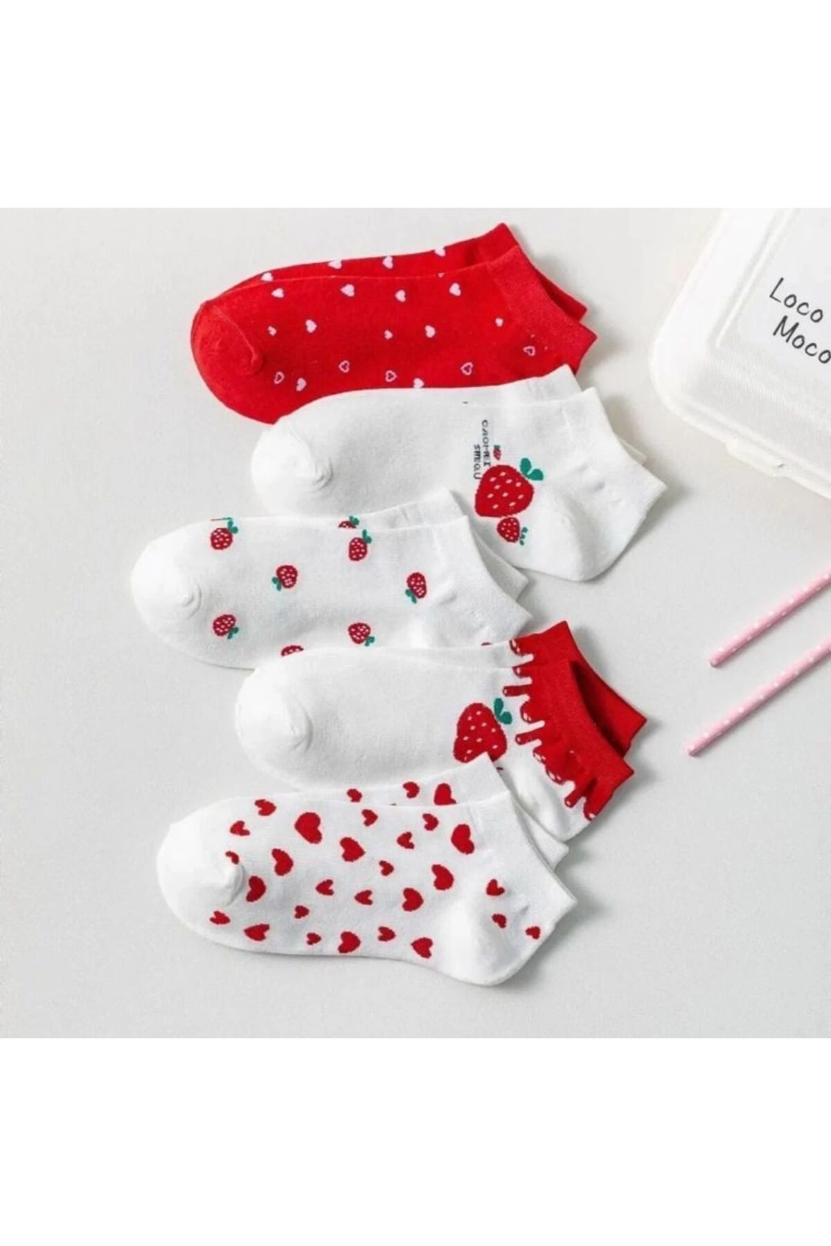 5li Çilek Desenli Kısa Çorap