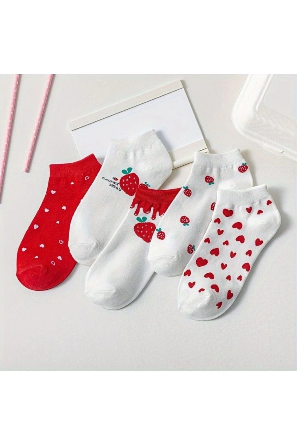 5li Çilek Desenli Kısa Çorap