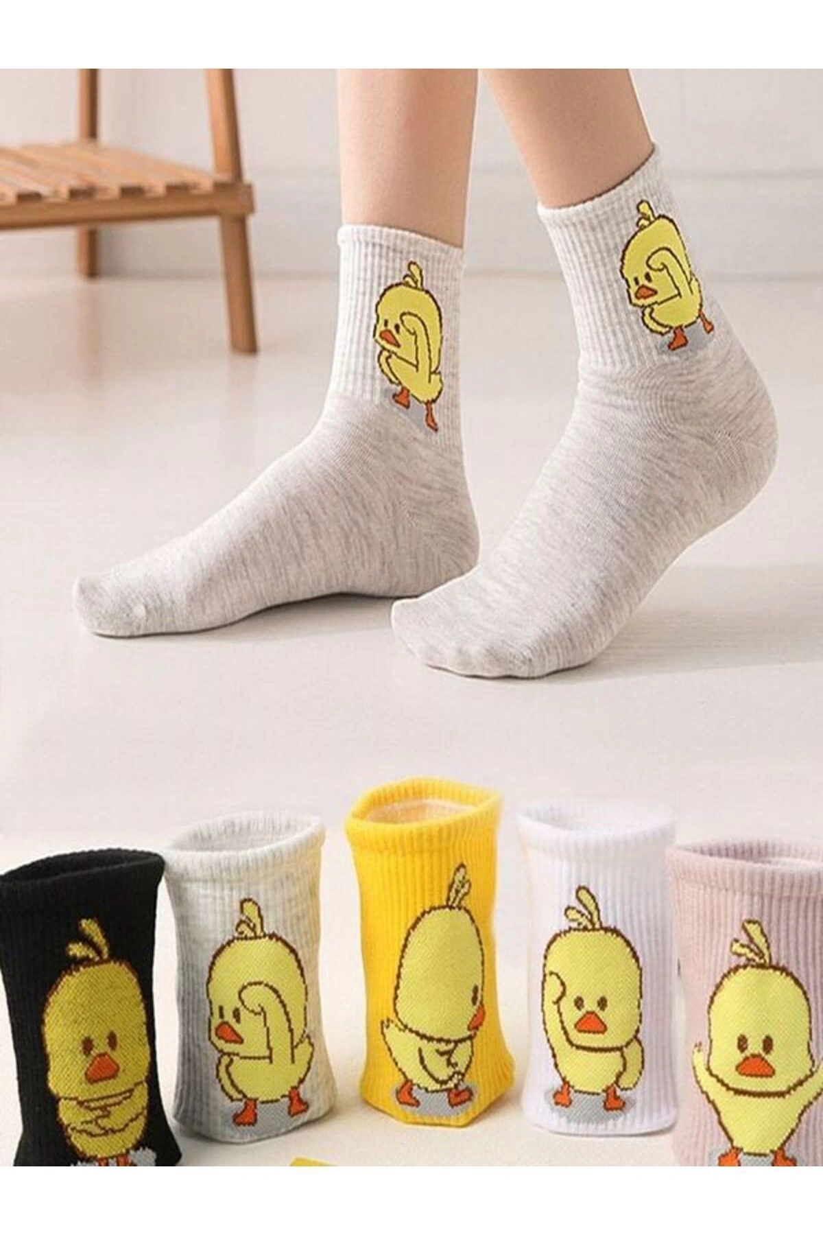 5li Ekonomik Paket Civciv Desenli Unisex Tenis Kolej Çorap Seti