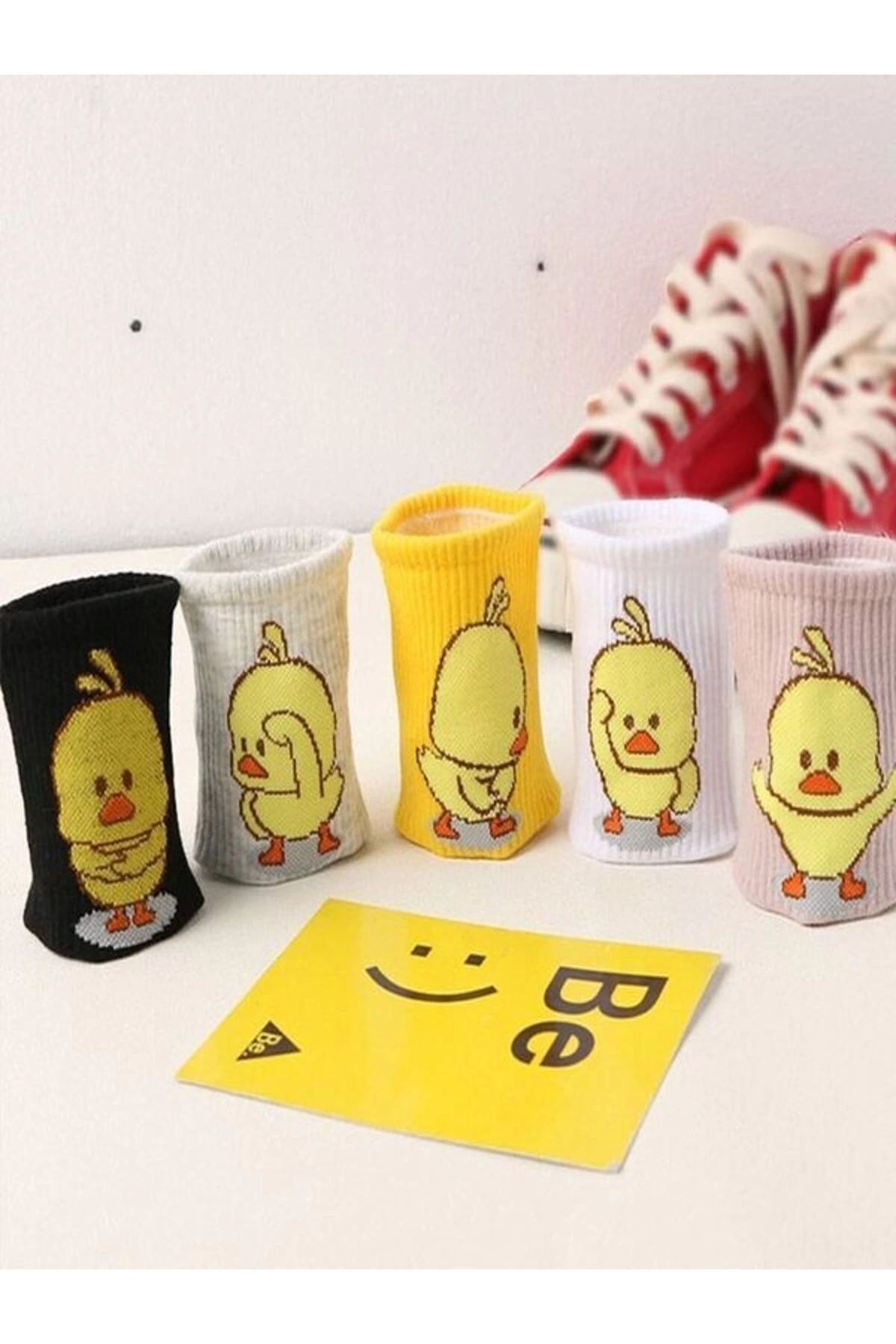 5li Ekonomik Paket Civciv Desenli Unisex Tenis Kolej Çorap Seti