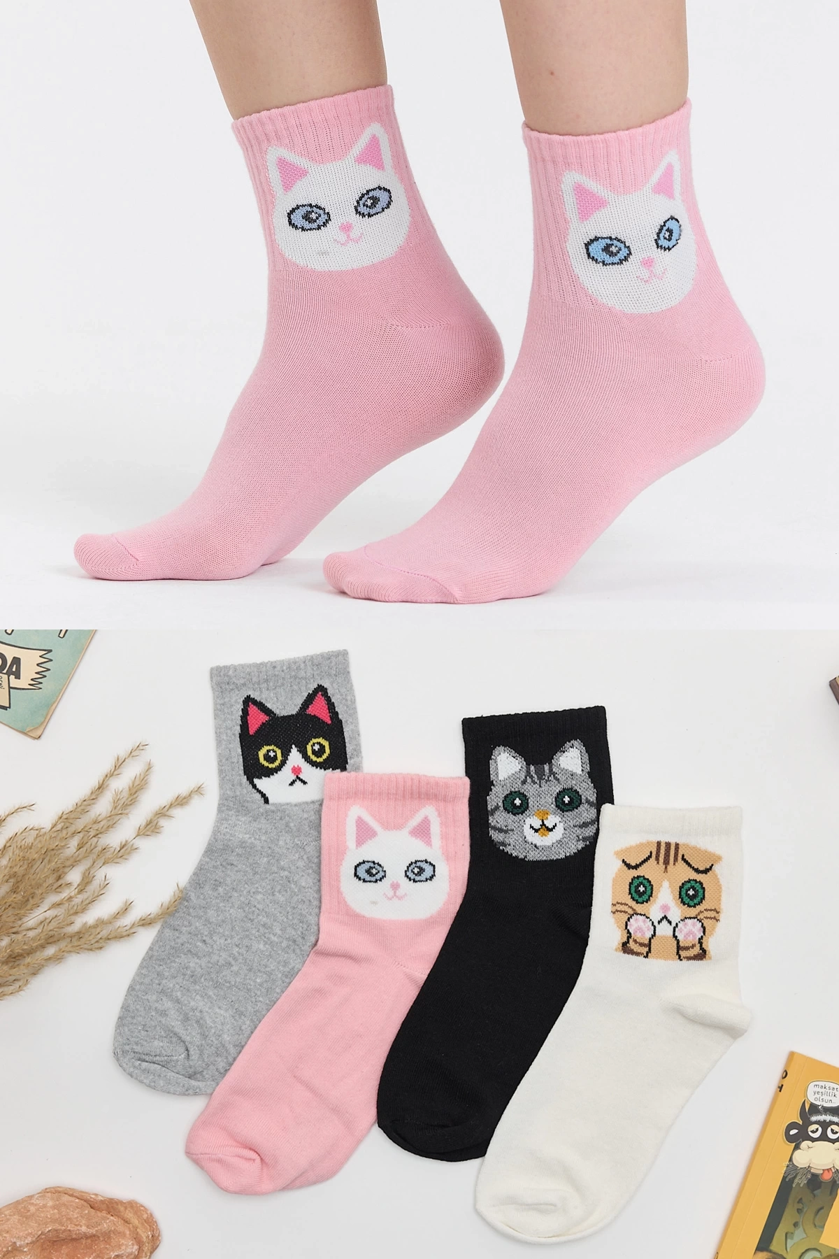 Pisicik Kedi Desenli 4 Renk Soket Çorap Seti