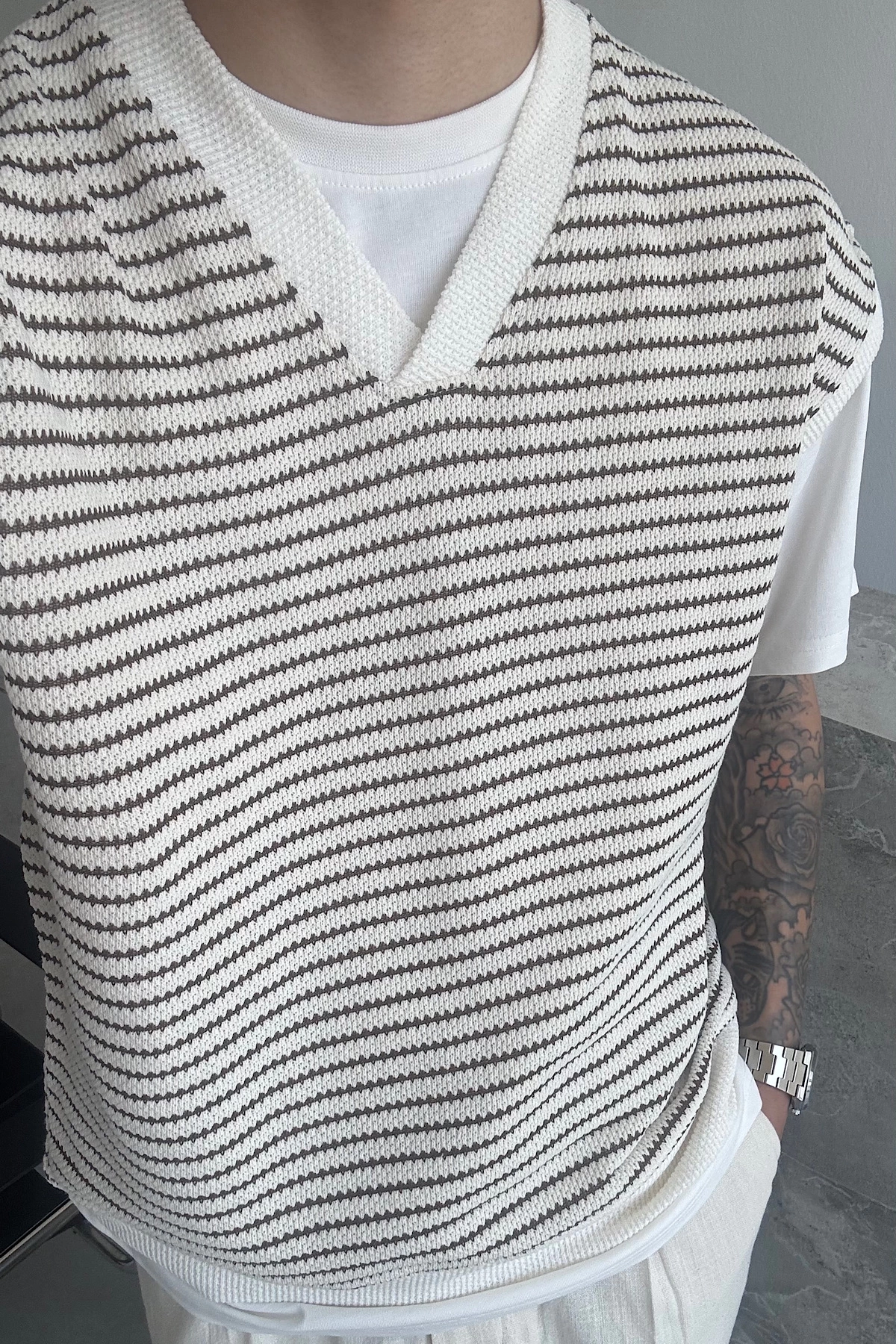 Kahverengi Çizgili Oversize Triko Süveter