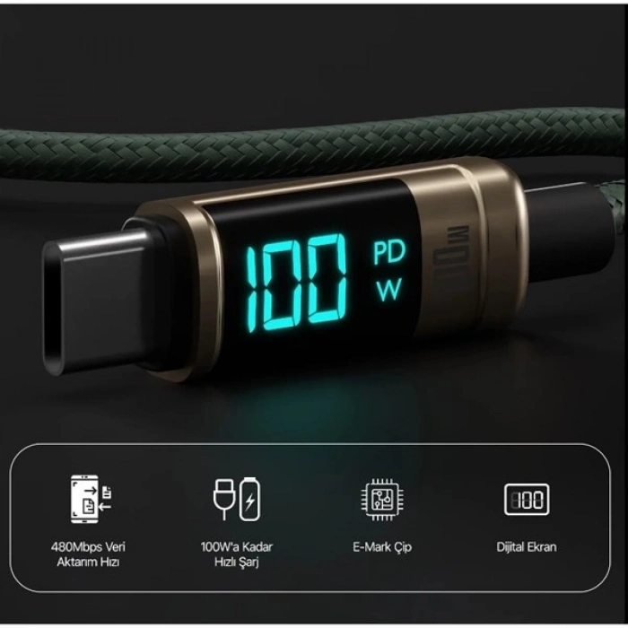 BIX 1metre BX09CC-BN 100w Dijital Ekranlı Şarj Kablosu Bronz