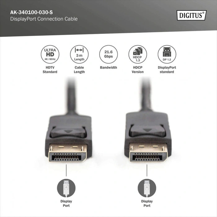 DIGITUS DP Görüntü Kablosu 3m (AK-340100-030-S)