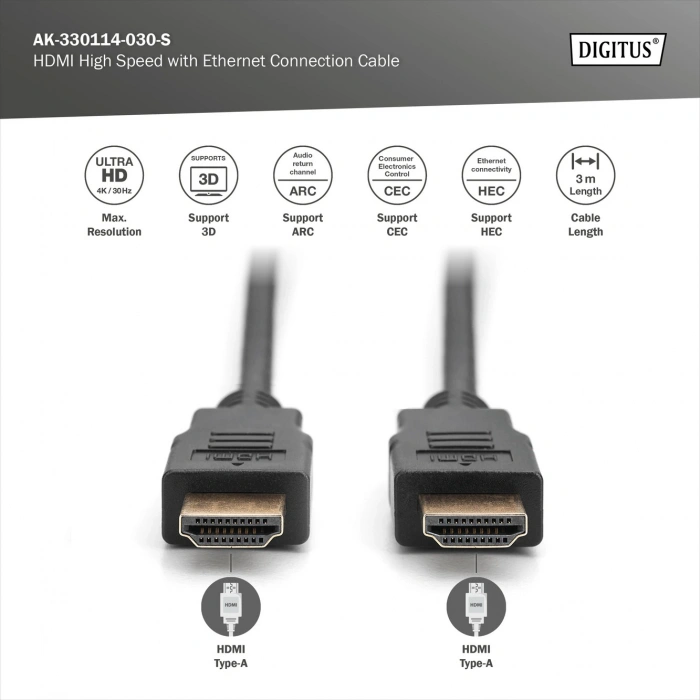 DIGITUS HDMI Görüntü Kablosu 3m (AK-330114-030-S)