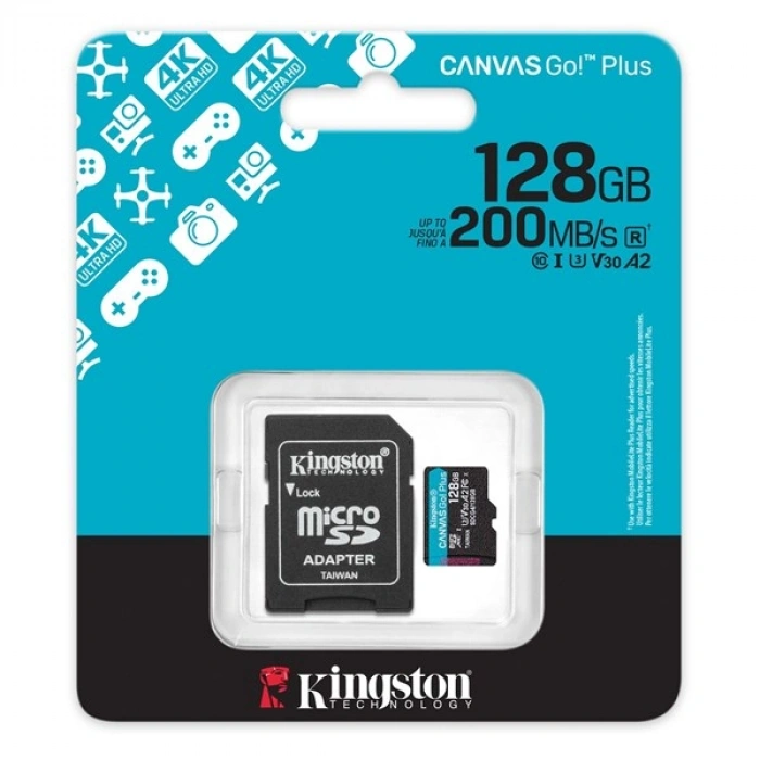 KINGSTON 128GB  Canvas Go! Plus SDCG4/128GB microSDXC 200/100MB/s U3 V30 A2 SD Adaptörlü Hafıza Kartı