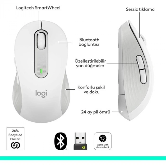 LOGITECH M650 Kablosuz + Bluetooth Beyaz Mouse (910-006238)