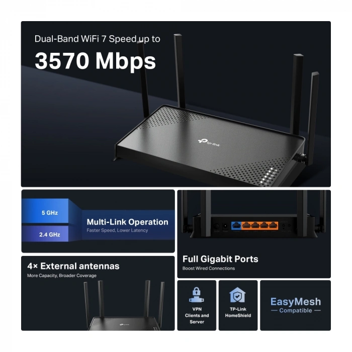 TP-LINK ARCHER BE220 WIFI7 BE3600 Ev Ofis Tipi Router