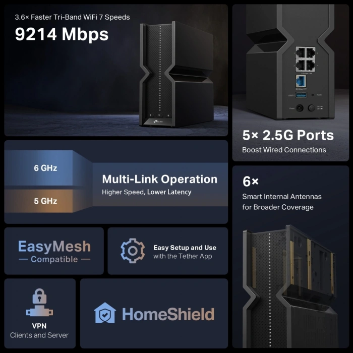 TP-LINK ARCHER BE550 BE9300 Üç Bantlı Wıfı7 Mesh Router