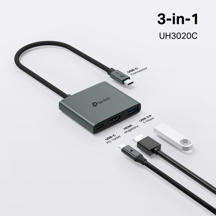TP-LINK UH3020C USB Type-C 3-Port USB 3.0 + Gigabit Ethernet Adaptörlü Hub