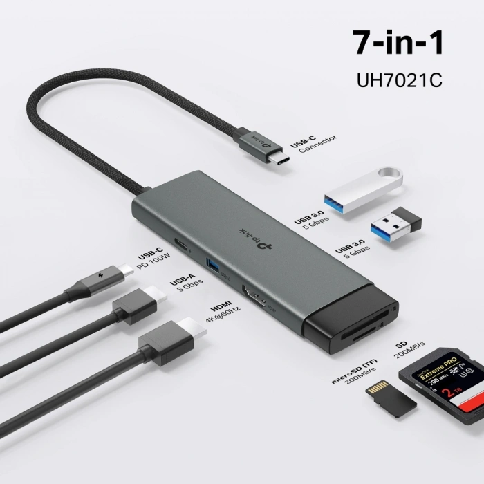 TP-LINK UH7021C USB-C 7port Hub 4K60Hz 100W PD SD
