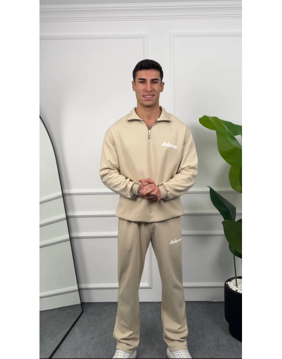 Baskılı Bej Yarım Fermuarlı Eşofman Takımı