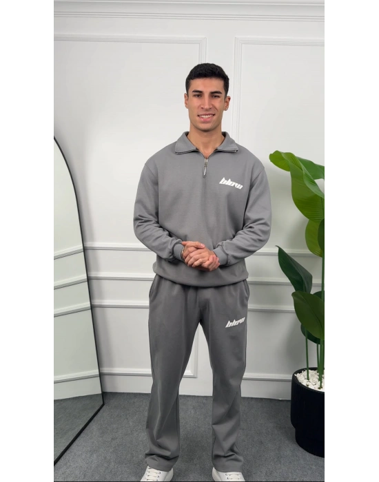Baskılı Gri Yarım Fermuarlı Eşofman Takımı