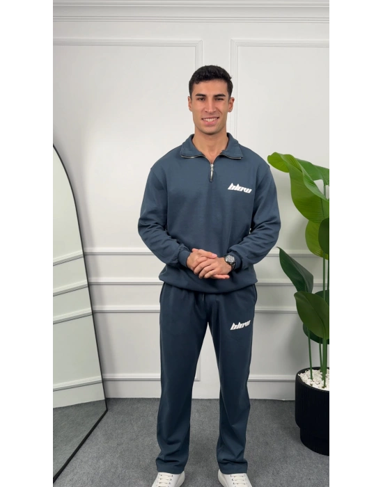 Baskılı Petrol Yarım Fermuarlı Eşofman Takımı