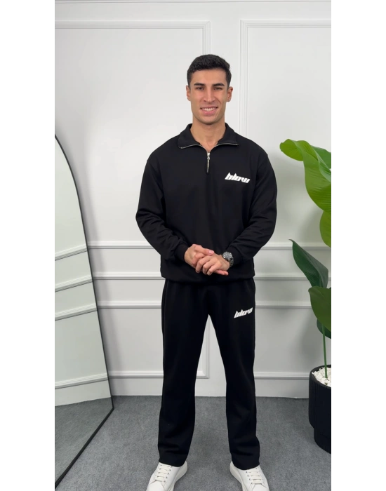 Baskılı Siyah Yarım Fermuarlı Eşofman Takımı