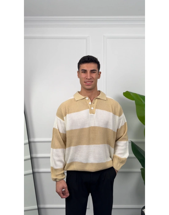Çizgili Bej Polo Yaka Triko Kazak