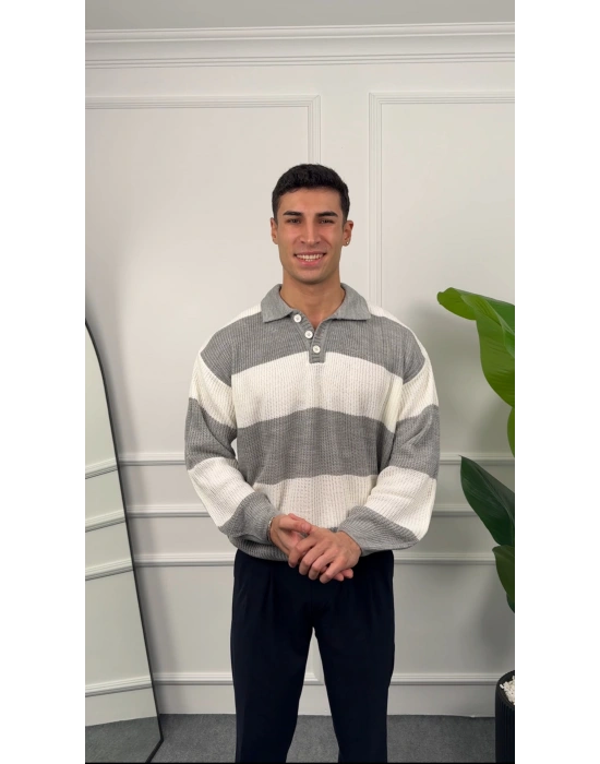 Çizgili Gri Polo Yaka Triko Kazak