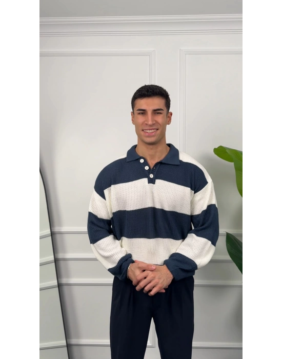 Çizgili İndigo Polo Yaka Triko Kazak