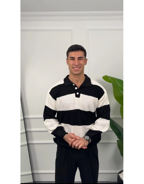 Çizgili Siyah Polo Yaka Triko Kazak