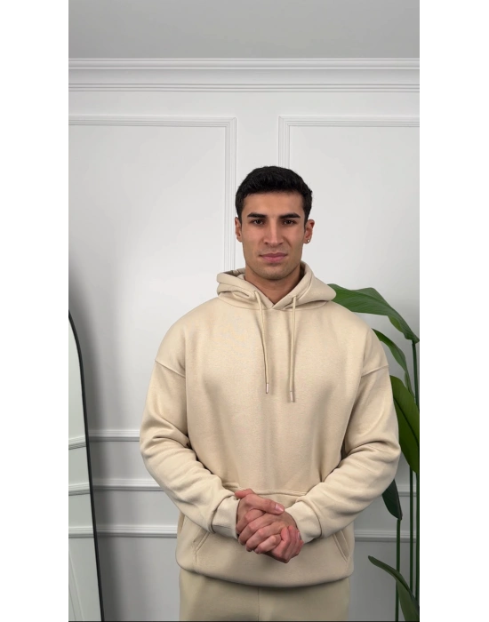 Erkek Bej Kapüşonlu Hoodie Sweatshirt