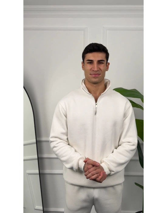 Erkek Beyaz Fermuar Yaka Sweatshirt