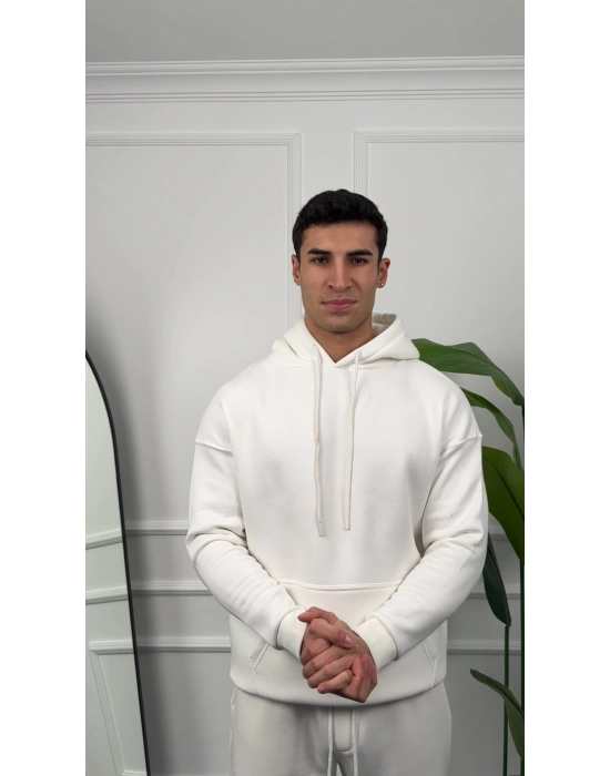 Erkek Beyaz Kapüşonlu Hoodie Sweatshirt