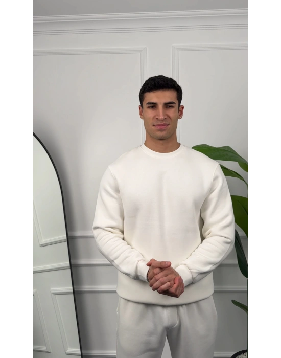 Erkek Beyaz Oversize Kollar Dar Kesim Basic Sweatshirt