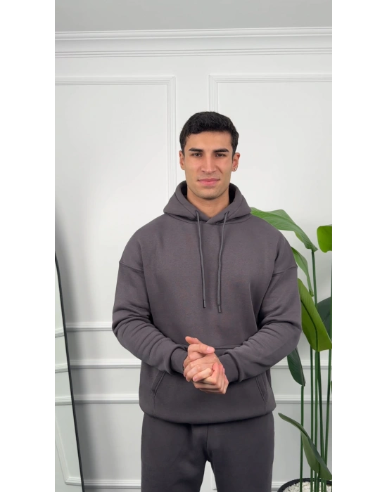 Erkek Füme Kapüşonlu Hoodie Sweatshirt